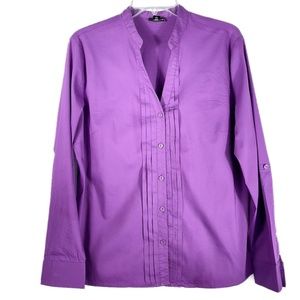Purple Long Sleeve Mandarin Collar Pleat Front Blouse